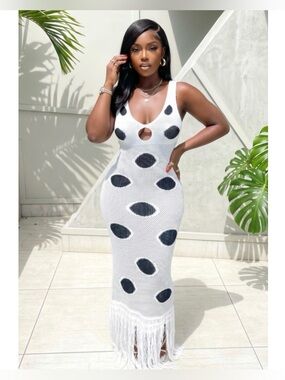 Crochet Fringe Maxi Dress with Black Spot Accents